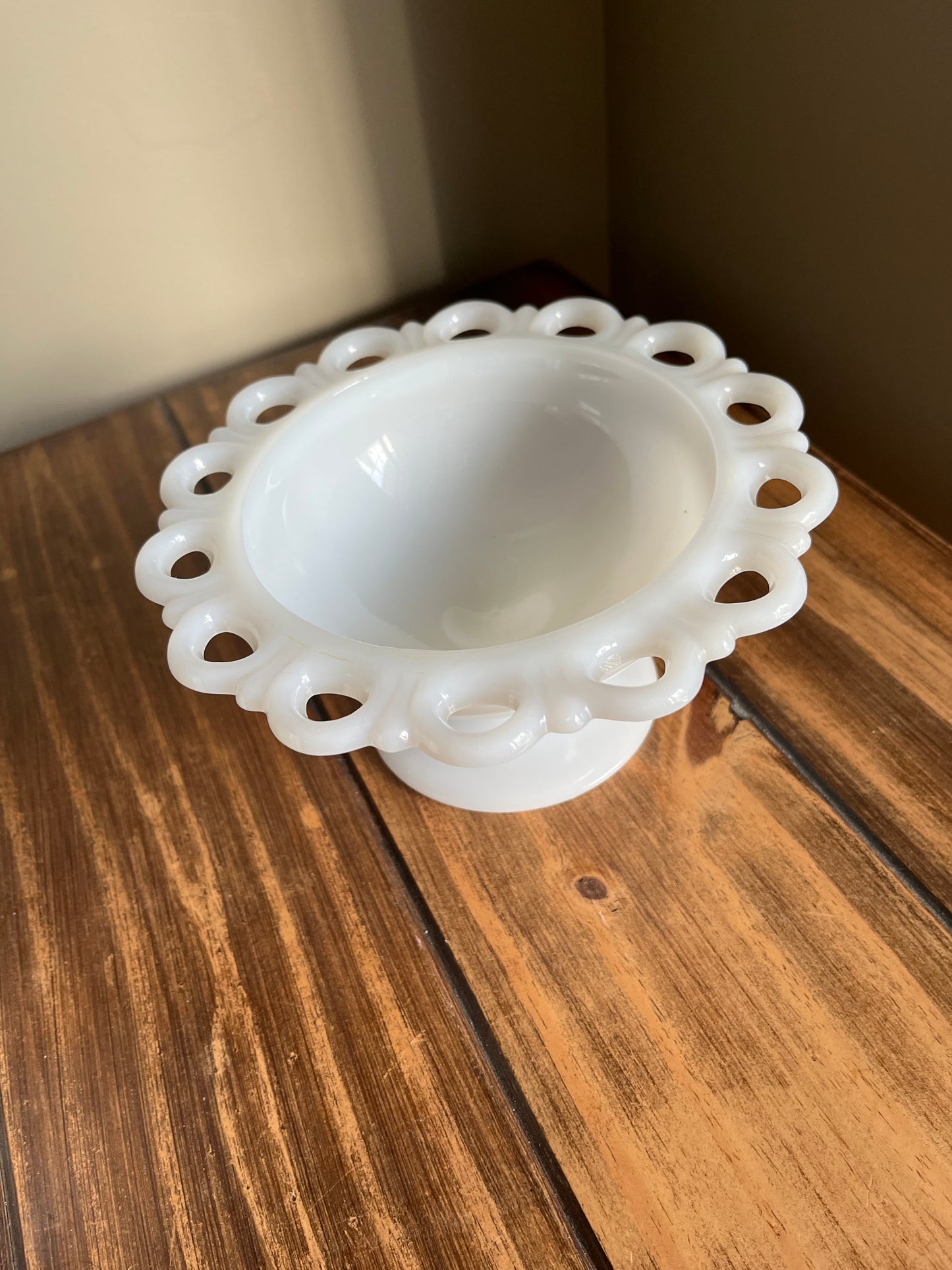 Vintage Milk Glass Lace Edge Pedestal Bowl
