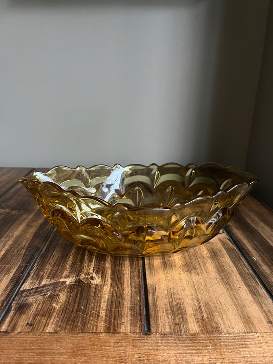 Vintage Amber Pressed Glass Oval Dish with Scalloped Edge