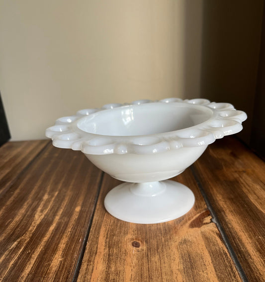 Vintage Milk Glass Lace Edge Pedestal Bowl