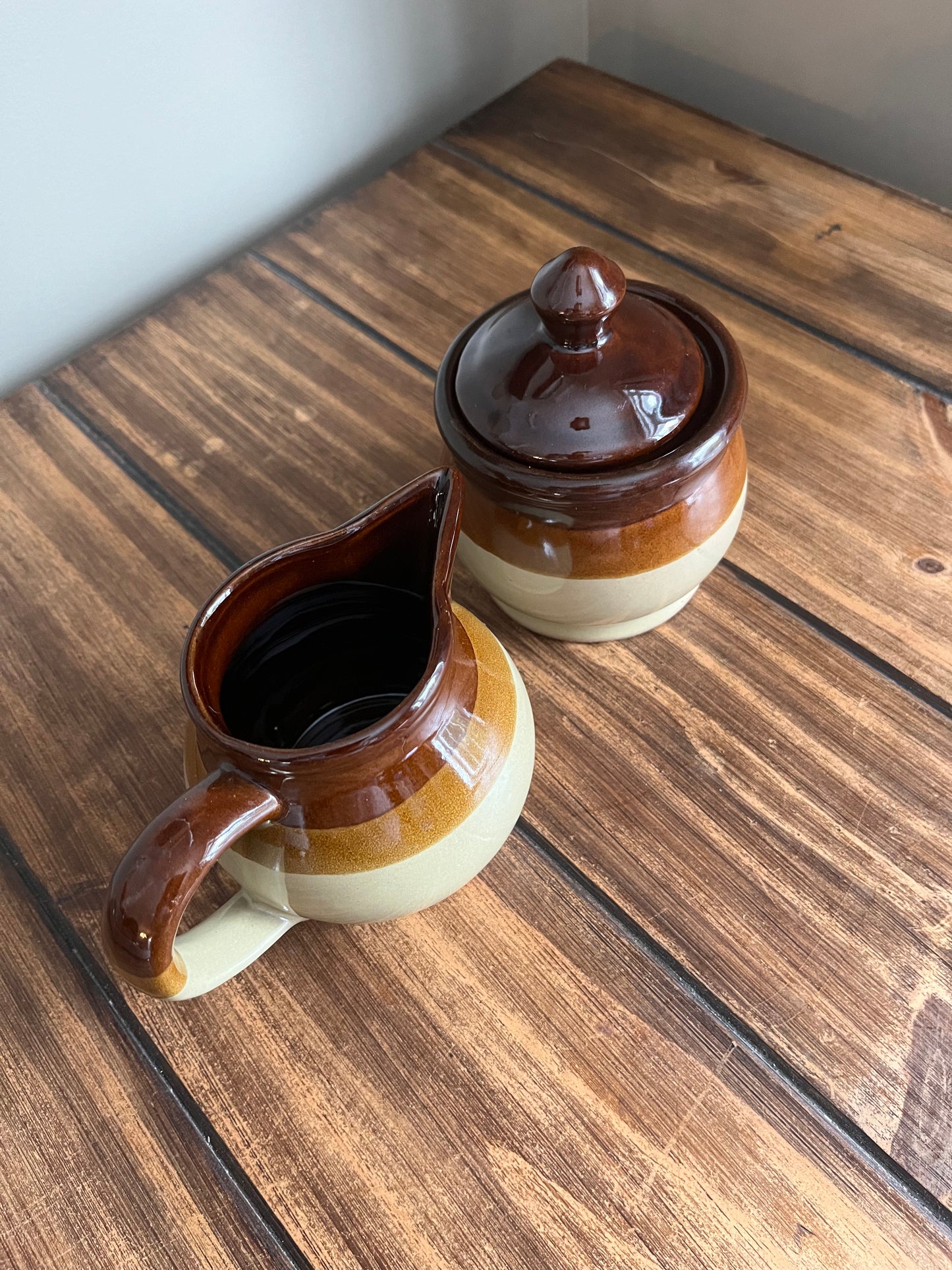 Vintage Tri Colour Stoneware Sugar & Creamer Set